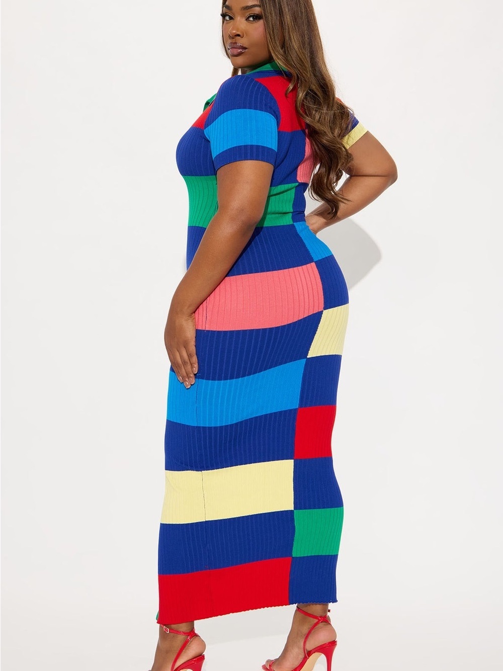 Multicolor Ribbed Zip-Front Colorblock Midi Dress NWT. LARGE - Picture 7 of 13